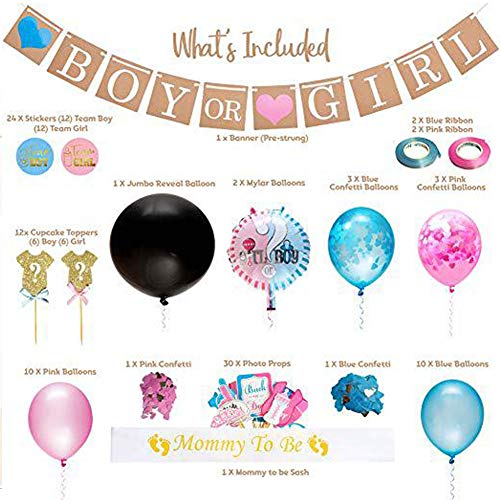 CNNIK 103 Piezas de género revelan la decoración de la Fiesta de Bienvenida al bebé de niño o niña - 36 " Globos Azules y Rosados, Confeti, Pancarta, Photo Booth, mamá para ser el Marco