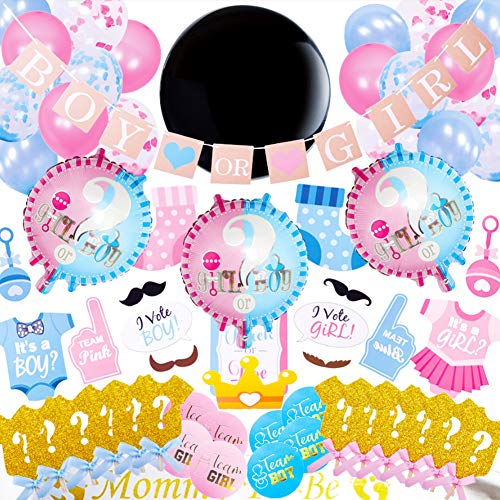 CNNIK 103 Piezas de género revelan la decoración de la Fiesta de Bienvenida al bebé de niño o niña - 36 " Globos Azules y Rosados, Confeti, Pancarta, Photo Booth, mamá para ser el Marco