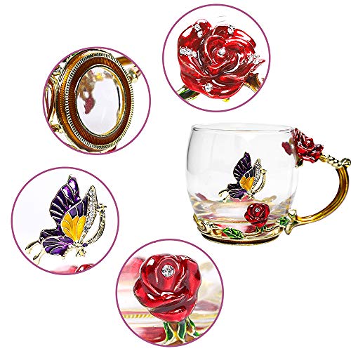 COAWG Taza de Té de Cristal Transparente, Taza de Té de Vidrio Rosa Roja Tazas de Cafe Tazas de Viaje con Manija Elaborada de la Flor y Hermosa 11oz-2Pcs