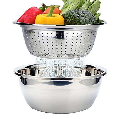 Colador de Cocina Acero Inoxidable y Cuenco de Mezcla Set, Colador Escurridor Bol de Metal Ensaladera Bol para Escurrir Alimentos, Verduras, Frutas, Pastas y Servir, 26cm