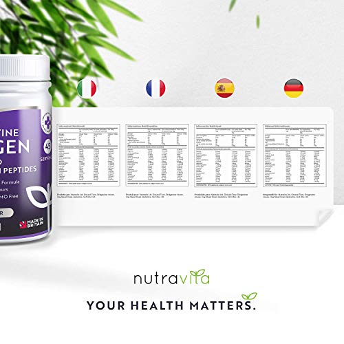 Colágeno Bovino puro Hidrolizado en Polvo 100% Natural - 450g de Proteína de Máxima Calidad (45 Dosis) Sin Colorantes y Aromatizantes Artificiales - Producto Elaborado en el Reino Unido por Nutravita