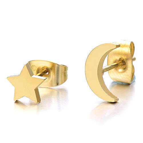Color Oro Luna Estrella Pendientes de Mujer Niñas, Acero Inoxidable, 2 Piezas