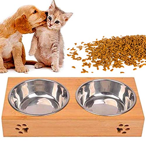 Comedero para Mascotas, Tazón Cuenco Elevado para Mascotas Perros Pequeños, Alimentador de Madera Soporte de Bambú 2 Tazones de Acero Inoxidable (S)