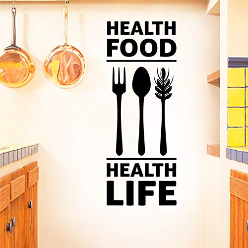 Comida Saludable Vida Saludable Cartas Calcomanías de pared negro Cocina Decoración para el hogar Cuchara Tenedor Pegatinas de pared Vinilo Arte Mural Wallpaper 32x84cm
