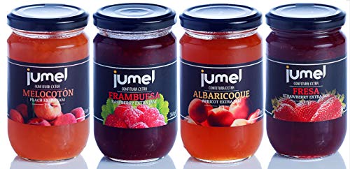 Confitura EXTRA JUMEL. Confitura sin gluten. Pack de 4 unidades (1,98 euros/u) multisabor: Confitura extra de fresa, melocotón, albaricoque y frambuesa. Confitura gourmet sin gluten.