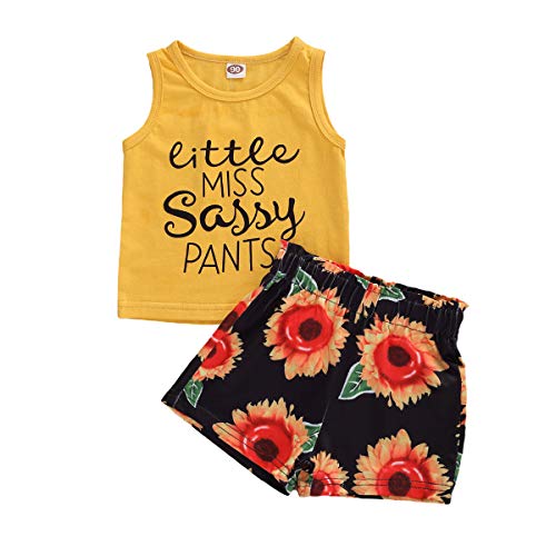 Conjunto de 2 piezas de ropa de bebé niña pequeña Miss Sassy pantalones chaleco sin mangas camisetas tops de girasol pantalones cortos para bebé Amarillo amarillo 2-3 Años