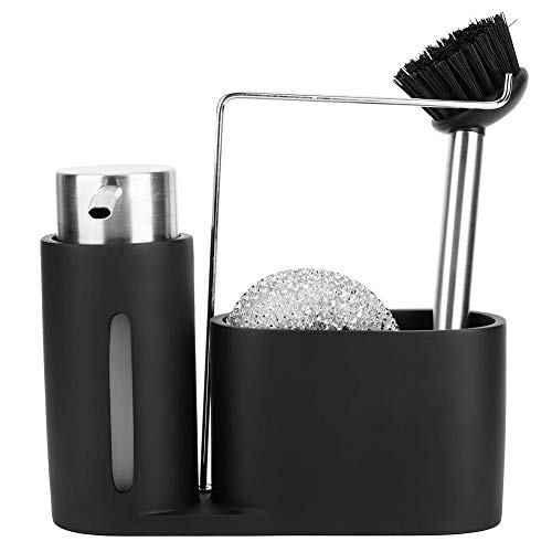 Conjunto de bastidor de almacenamiento de fregadero, fregadero de cocina, dispensador de detergente, organizador de carrito, esponja con bola de alambre de acero y cepillo para cocinas, baños, negro