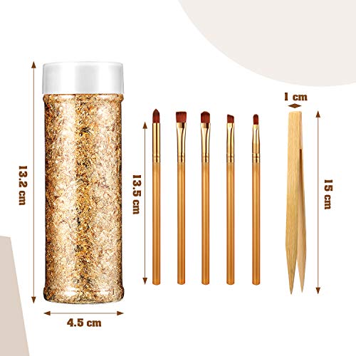 Copos de Aluminio Copos de Oro Copos Lámina Metálica Color Cobre con 5 Piezas Pinceles y Pinzas Bambú Antiestáticas para Dorado, Manualidades y Decoración Uñas (Copos de Oro, Cepillos)
