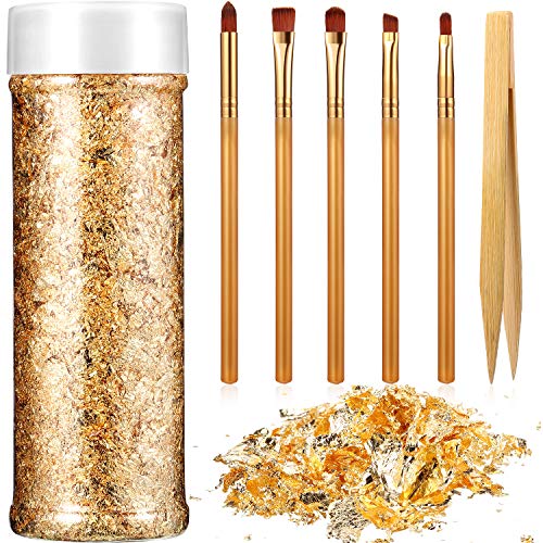 Copos de Aluminio Copos de Oro Copos Lámina Metálica Color Cobre con 5 Piezas Pinceles y Pinzas Bambú Antiestáticas para Dorado, Manualidades y Decoración Uñas (Copos de Oro, Cepillos)