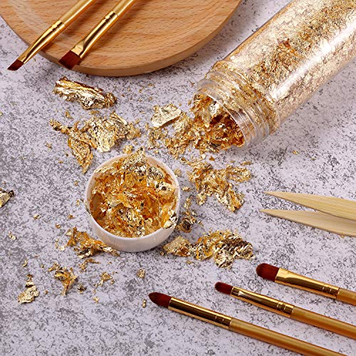 Copos de Aluminio Copos de Oro Copos Lámina Metálica Color Cobre con 5 Piezas Pinceles y Pinzas Bambú Antiestáticas para Dorado, Manualidades y Decoración Uñas (Copos de Oro, Cepillos)