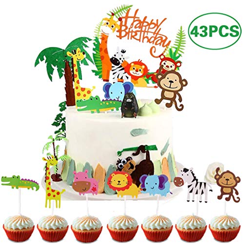 Coriver 43 Piezas Cute Zoo / Jungle Theme Animal Cake Topper, 1 Piezas Happy Birthday Banner y 42 Piezas Animal Cupcake Topper para niños Decoración de cumpleaños Baby Shower Party