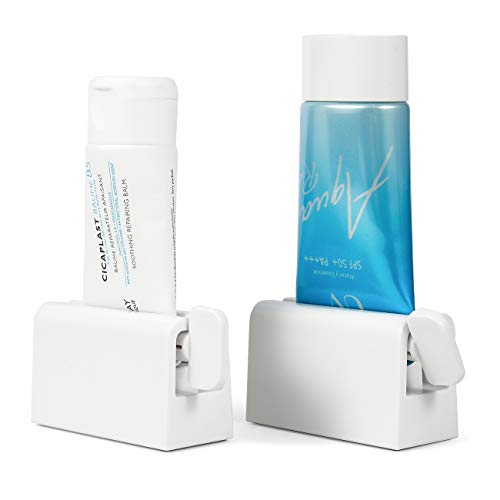 CORNERIA Exprimidor de tubo con ruedas de 2 piezas-Exprimidor de tubo blanco para pasta de dientes, limpiador facial, crema de manos, protector solar y más-Soporte de asiento de tubo Soporte giratorio
