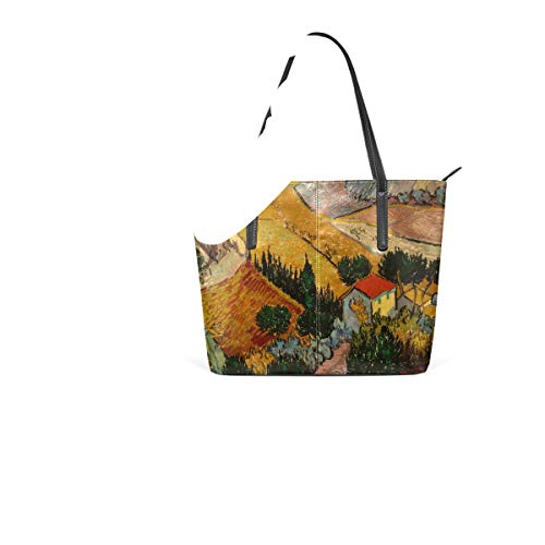 Correa de peso ligero Paisaje de cuero Casa rural para mujeres Niñas Señoras Estudiante Monedero Bolsa de compras Bolsos Bolsos de hombro Flor