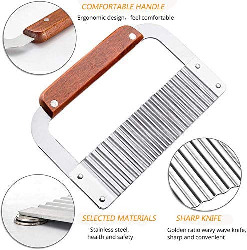 Cortador de Patatas, Viruta Ondulada de Patata de Acero Inoxidable con Mango de Madera Herramienta de Corte de Cocina para Patatas Zanahorias Pepinos, Set de 2 Piezas