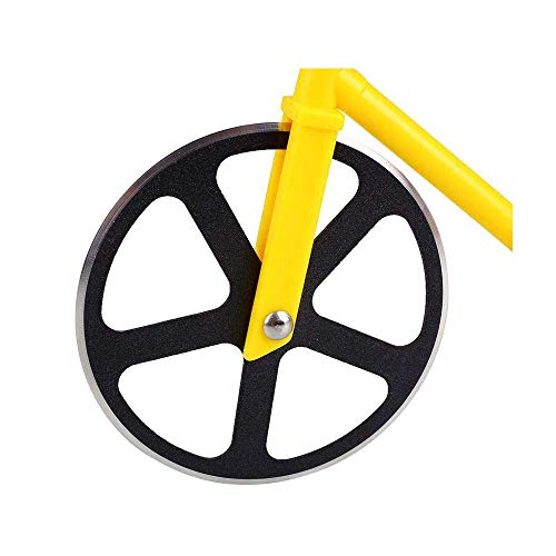 Cortador de pizza para bicicleta, acero inoxidable, cortador de pizza, cortador de pizza de acero inoxidable con soporte, cortador de pizza 100 % apto para alimentos, color amarillo