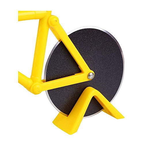 Cortador de pizza para bicicleta, acero inoxidable, cortador de pizza, cortador de pizza de acero inoxidable con soporte, cortador de pizza 100 % apto para alimentos, color amarillo