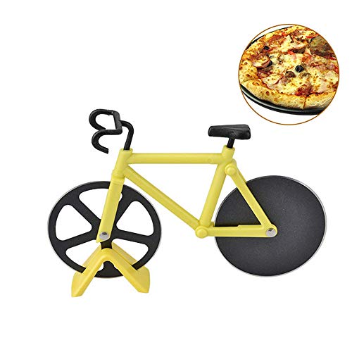 Cortador de pizza para bicicleta, acero inoxidable, cortador de pizza, cortador de pizza de acero inoxidable con soporte, cortador de pizza 100 % apto para alimentos, color amarillo