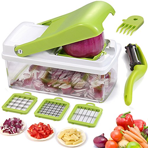 Cortador de Verdura, Mandolina Cortador de Patatas, Cortadora de Frutas rallador de zanahoria rebanador de queso 3 pza Cuchillas + Pelador