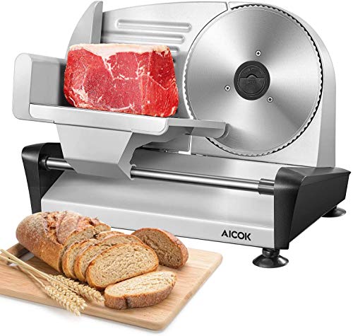 Cortafiambre Electrico, AICOK Maquina de Cortar Fiambre 150W, 19 cm Cuchillas de Acero Inoxidable para Embutido o Pan, Plateado
