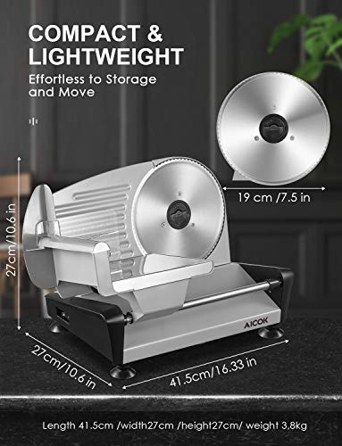 Cortafiambre Electrico, AICOK Maquina de Cortar Fiambre 150W, 19 cm Cuchillas de Acero Inoxidable para Embutido o Pan, Plateado