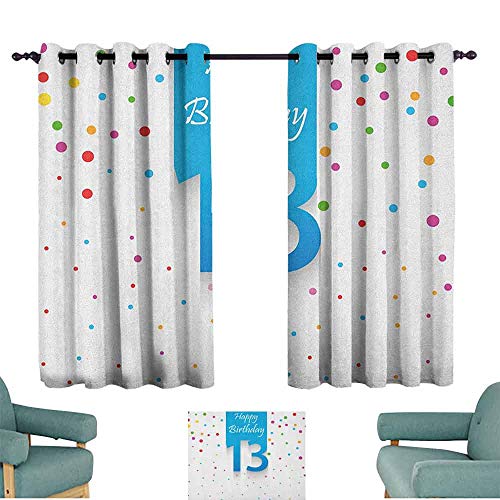 Cortinas de cocina para 13 cumpleaños, diseño de lunares, colores trece caligrafía, confeti para celebrar la oscuridad, cortina de reducción de ruido de 13 x 163 cm, multicolor