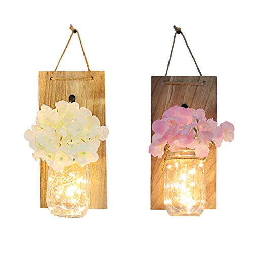 Cozyhoma - Juego de 2 tarros de Pared rústico para decoración del hogar, de Seda, con Tiras de Luces LED de Hadas y Ganchos de Hierro Forjado Vintage
