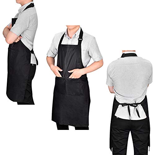 Cozywind Delantal Cocina Impermeable para Hombres Mujeres, Ajustable Delantal Camarero Cocinero Cafeteria,Negro, 2 Piezas