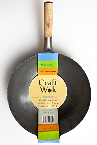 Craft Wok Wok Tradicional de Acero de Carbono Forjado a Mano, con Mango Auxiliar de Madera y Acero (diámetro 35,6 cm, Fondo Redondo)/731W88