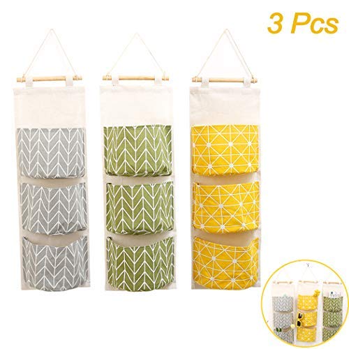 CREATIEES 3pz Pared Colgando Almacenamiento Bolso, Impermeable Encima los Puerta Armario Organizador, Lino Farbric Colgando Bolsillo Organizador con 3 Bolsillos
