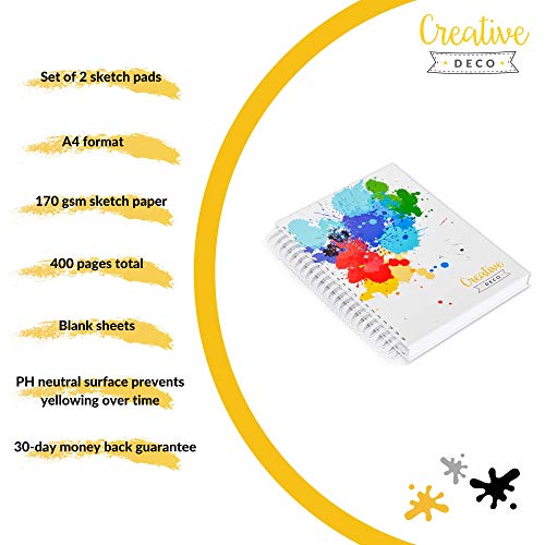 Creative Deco 2 x A4 Blocs de Dibujo Cuaderno Libreta | Total de 400 páginas | Set de 170 gsm con Cubierta Dura Espiral Dibujar Pintar Esbozar Colorear y como Material Escolar