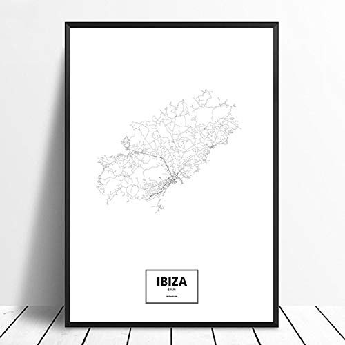 Cuadro En Lienzo,Ibiza Ciudad Mundo Personalizado En Blanco Y Negro Mapa Fotos Póster De Impresión Sobre Lienzo Estilo Nórdico De Arte De Pared De Lienzos Para La Decoración Del Hogar Sin Marco,20