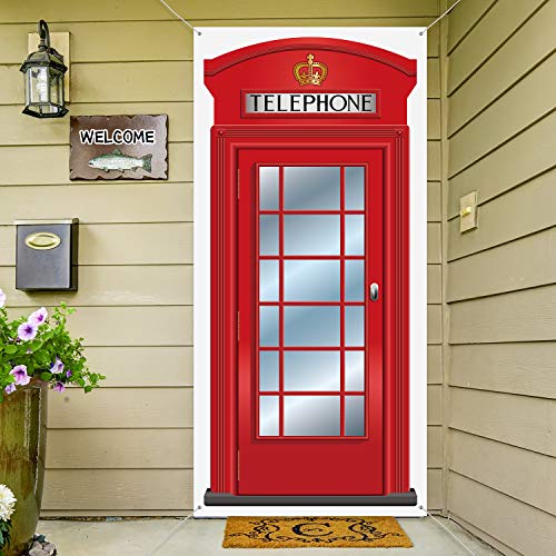 Cubierta de Puerta de Cabina Telefónica Inglesa, Cubierta Grande Cabina Roja Tela Banner Decorativo Caja Teléfono Articulada de Casa para Fondo Foto Fiesta Internacional Inglesa, 78,7 x 35,4 Pulgadas