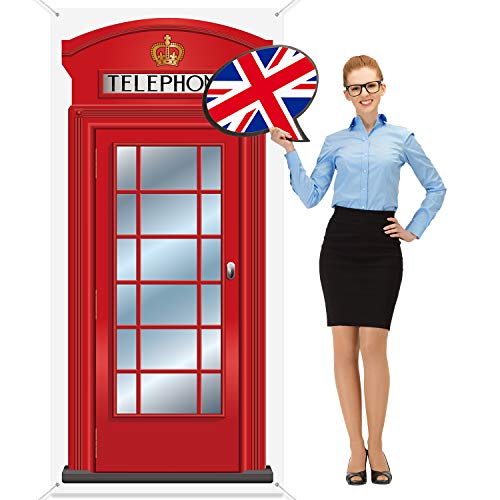 Cubierta de Puerta de Cabina Telefónica Inglesa, Cubierta Grande Cabina Roja Tela Banner Decorativo Caja Teléfono Articulada de Casa para Fondo Foto Fiesta Internacional Inglesa, 78,7 x 35,4 Pulgadas