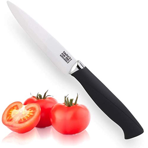 Cuchillo De Paring De Hoja De Cerámica Con Vaina - Por Taylors Eye Witness. 10 Cm. Hoja De Cerámica De Circonio Blanco Con Mango De Agarre Suave. Resistente A La Corrosión/Óxido.