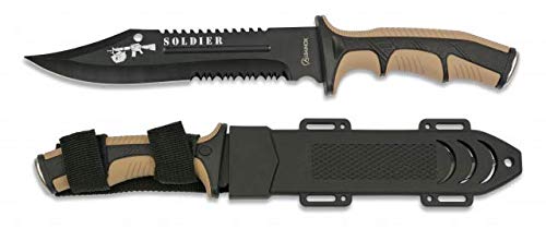Cuchillo Soldier Coyote Hoja 19 cm para Caza, Pesca, Camping, Outdoor, Supervivencia y Bushcraft Albainox 32406 + Portabotellas de regalo