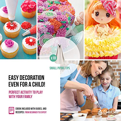 CukkiCakes Boquillas Rusas de Repostería - Set Decoración de Cupcakes y Tartas (92pcs): 65 Boquillas + 20 Mangas Pasteleras Desechables + Bolsa Silicona Reutilizable + 4 Adaptadores + Accesorios