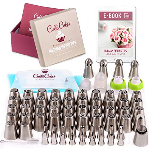 CukkiCakes Boquillas Rusas de Repostería - Set Decoración de Cupcakes y Tartas (92pcs): 65 Boquillas + 20 Mangas Pasteleras Desechables + Bolsa Silicona Reutilizable + 4 Adaptadores + Accesorios