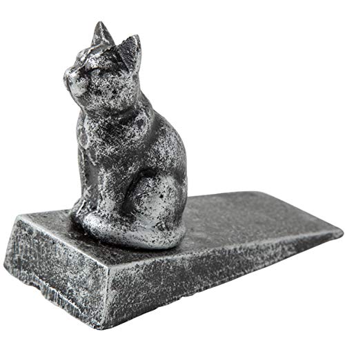 Cuña para puerta de gato de hierro fundido estilo vintage, cómoda | acabado decorativo encantador, parte inferior de fieltro antiarañazos acolchada que protege los suelos | en color plateado con negro