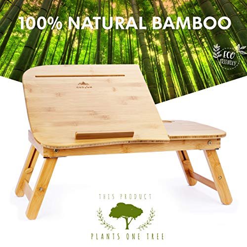 CURVAN - Mesa Plegable para Ordenador Portatil de Bambu + Alfombrilla de Regalo | Bandeja para Cama y Sofa | 58x38x31cm | Mesita Auxiliar Ajustable y Portable | Atril Liso| Comer, Leer, Estudiar.