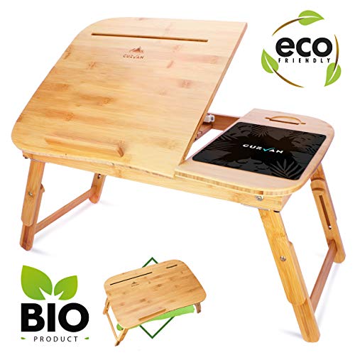CURVAN - Mesa Plegable para Ordenador Portatil de Bambu + Alfombrilla de Regalo | Bandeja para Cama y Sofa | 58x38x31cm | Mesita Auxiliar Ajustable y Portable | Atril Liso| Comer, Leer, Estudiar.