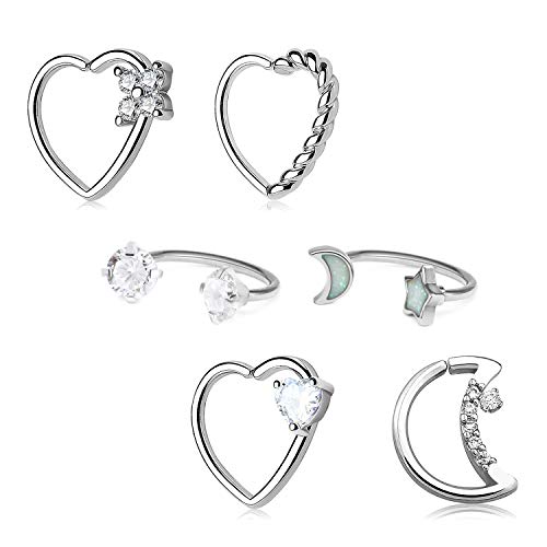 Daith Rook Snug Tragus Piercing Pendientes Acero Quirúrgico 16G Oreja Cartilago Anillo Piercing Joyería del Cuerpo Corazón Luna Forma Herradura Anillos 6 Piezas-Plata
