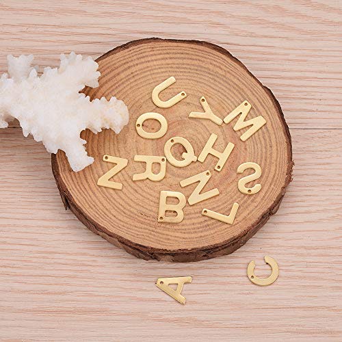 DanLingJewelry 304 Colgantes de acero inoxidable con letras del alfabeto mezcladas para manualidades, pulseras, collares, joyas y joyería (color dorado-100 unidades, 11 x 6-12 x 0,8 mm, agujero: 1 mm)