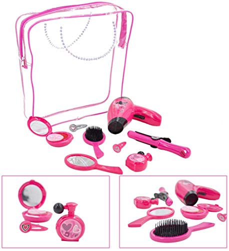 deAO Estilismo y Peluqueria Juego de Belleza y Moda Conjunto Fashion Bolso de Mano Incluye Maquillaje Artificial Accesorios de Pelo Secador de Aire Frio a Pilas