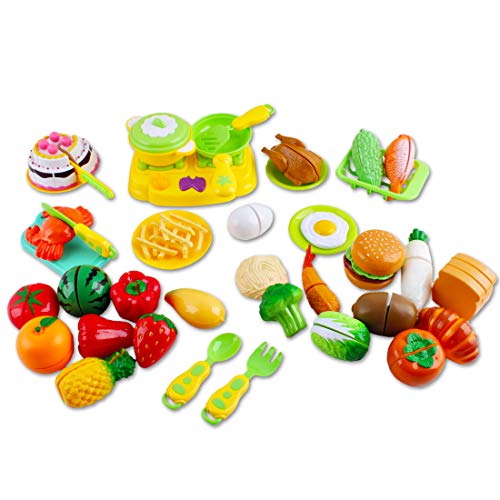 deAO Juego de Comida, Frutas y Verduras para Cortar Conjunto Infantil de Imitación Accesorios de Cocina de Juguete Actividad Educativa 42 Piezas y Caja de Almacenaje