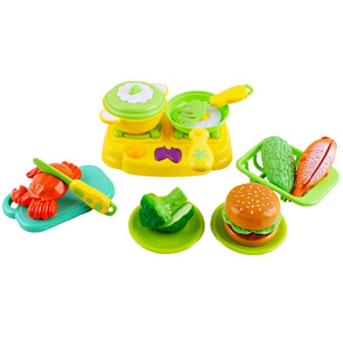 deAO Juego de Comida, Frutas y Verduras para Cortar Conjunto Infantil de Imitación Accesorios de Cocina de Juguete Actividad Educativa 42 Piezas y Caja de Almacenaje