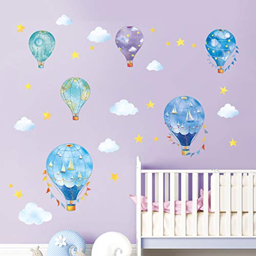 decalmile Pegatinas de Pared Globos Aerostáticos de Náutico Vinilos Decorativos Estrellas Nubes Adhesivo Decorativos para Habitacion Infantiles Guardería Niños Bebés Dormitorio