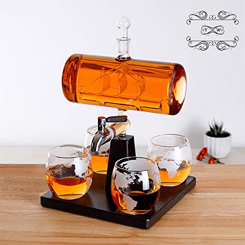 Decantador De Whisky Juego De Cristal De 1100 Ml Decantadores De Whisky Escocés con 4 Vasos De Whisky Grabados En Tierra, Grabado De Velero Italiano Sin Plomo, para La Familia, El Bar, La Fiesta