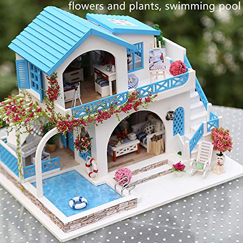 Decdeal Miniatura Súper Mini Tamaño Casa de Muñecas Kits de Modelos de Construcción de Muebles de Madera Juguetes Casa de Muñecas DIY Ciudad Azul y Blanca