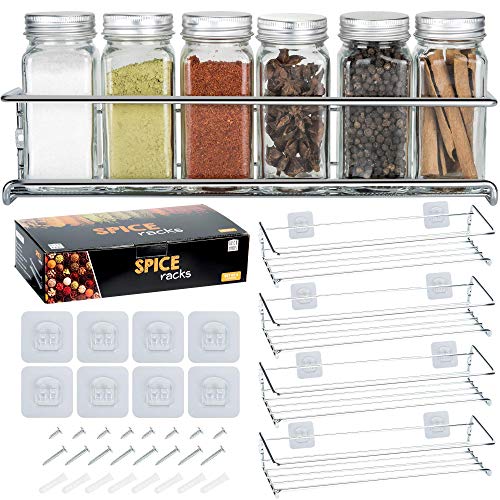 Deco Haus Organizador Especias - Set 4 Estantes de Metal - Estantes de Cocina, Armario, Organizador de Condimentos - Compatible con Nuestros Frascos - Adhesivos o con Tornillos - Plata, 29x6.35x5cm