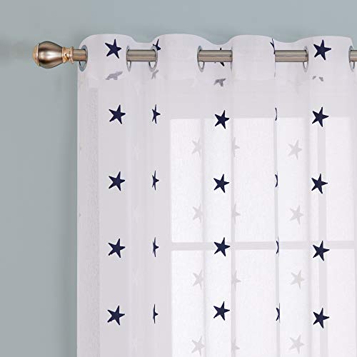 Deconovo - Cortina Decorativa con Bordados, Voile, Aspecto de Lino, Tela, Azul, 245 x 140 cm